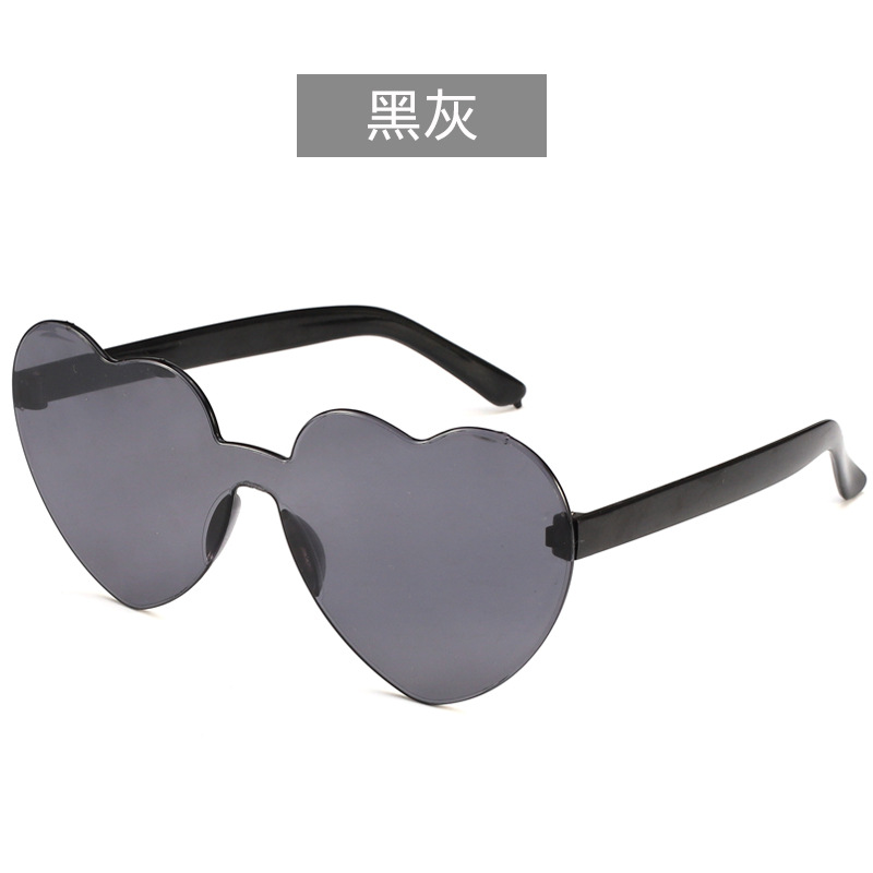 Peach heart sunglasses, heart-shaped sunglasses, jelly colored frameless one-piece glasses, dazzling colored glasses - black-gray