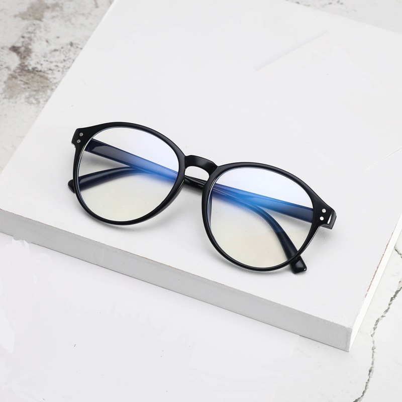 2023 new Korean version women's bare faced retro large round frame sunglasses with anti blue light flat lens and ultra light rice nail glasses frame - Black and white flat (anti blue light)