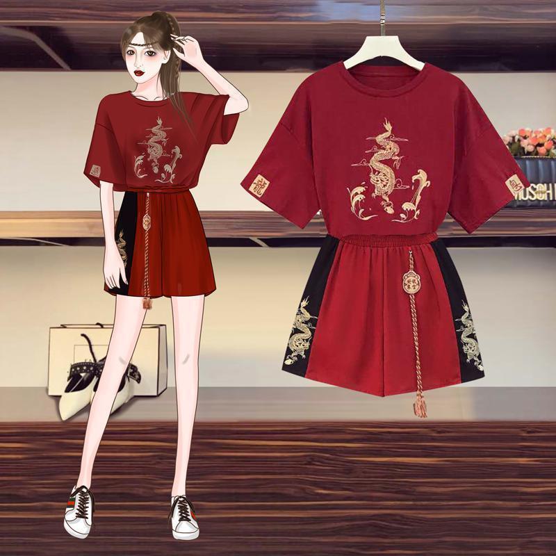Большой размер микро - толстый mm женский летний 2021 новый ретро - китайский старинный костюм - Красная рубашка + красные шорты/Рекомендуется менее 100 Китайский джин (1 джин=0,5 кг)