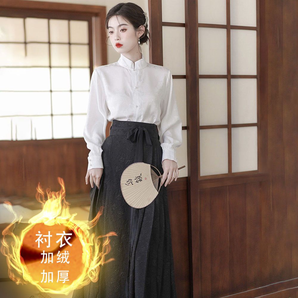 Улучшенная китайская одежда Женская одежда Китайская элементная национальная темперамент Повседневный воротник Весна и осень рубашка жаворонок юбка - Костюм/S