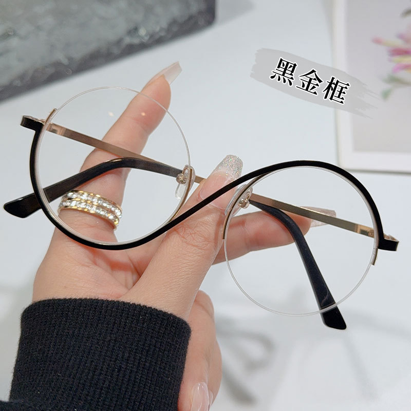 2025新款复古时尚不对称太阳镜ins风个性金属平光镜防蓝光眼镜女 - 黑金框