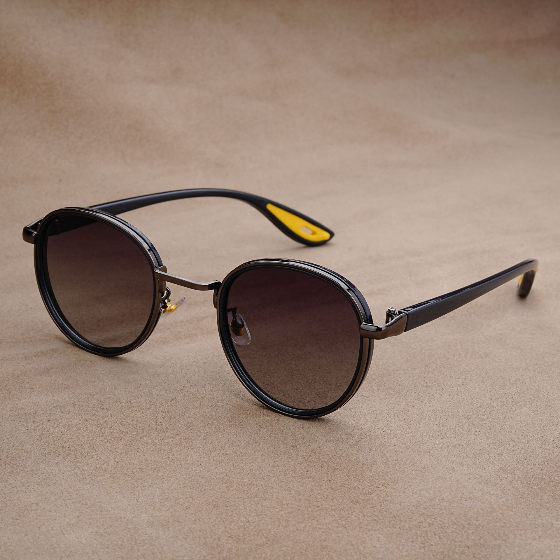 2025跨境新款欧美时尚圆框太阳镜男女高级感眼镜精品手工复古墨镜 - 亮枪框灰渐灰片/独家隐形铰链，高标准品检