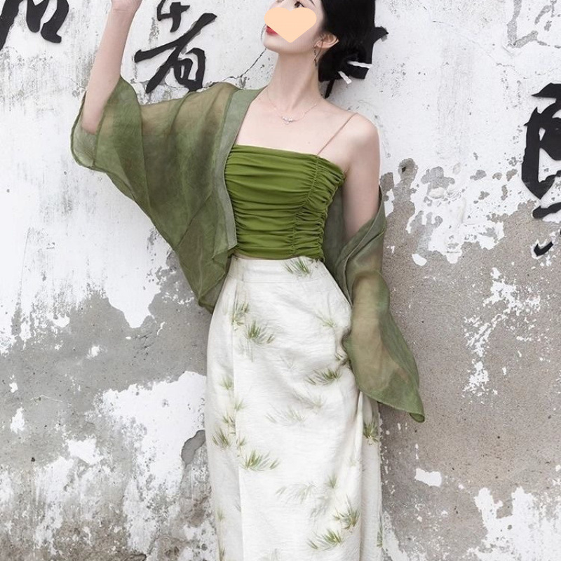 Новая китайская ретро - улучшенная китайская одежда летний загар зеленая шаль кардиган фея прекрасна нерегулярно 3 комплекта - бретелька/S