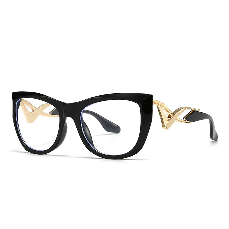Cross border popular foreign trade cat eye metal leg women's anti blue light flat mirror European and American street photography INS sunglasses men 9230-1 - C1 black frame white sheet gold accessories