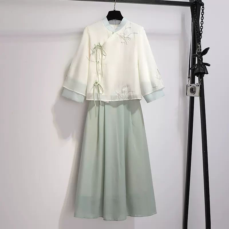 C1X Новый китайский улучшенный костюм Платье Весеннее платье Женщины 2026 Новый модный летний костюм - Абрикосовый костюм/S (80 - 100 Китайский джин (1 джин=0,5 кг))