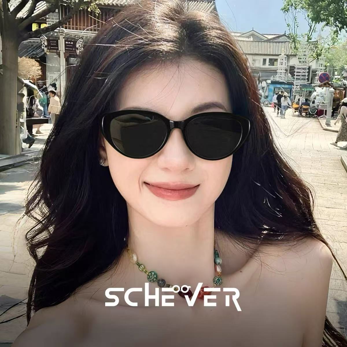 猫眼偏光墨镜女款高级感拍照旅游防晒开车专用太阳镜眼镜2025新款 - 黑框黑灰片/模特同款