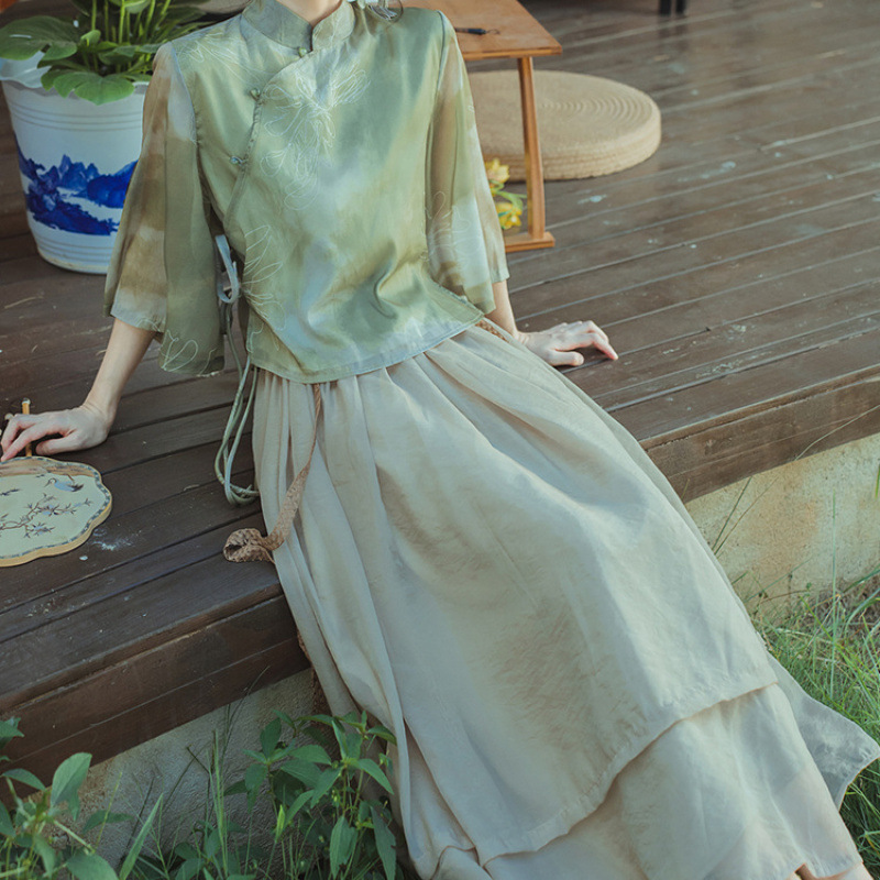 Новый китайский дзэн чай костюм халат два набора ежедневных улучшений китайская одежда литература и искусство стиль тонкое нежное платье лето - Фотография из двух комплектов (блузка + юбка)/S [рекомендуется 70 - 90 Китайский джин (1 джин=0,5 кг)]