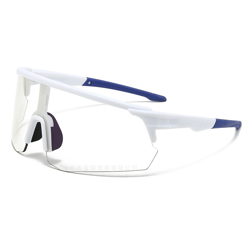 新款半框运动变色眼镜户外跑步连体镜片太阳镜自行车骑行防风墨镜 - 白框蓝腿变色蓝膜