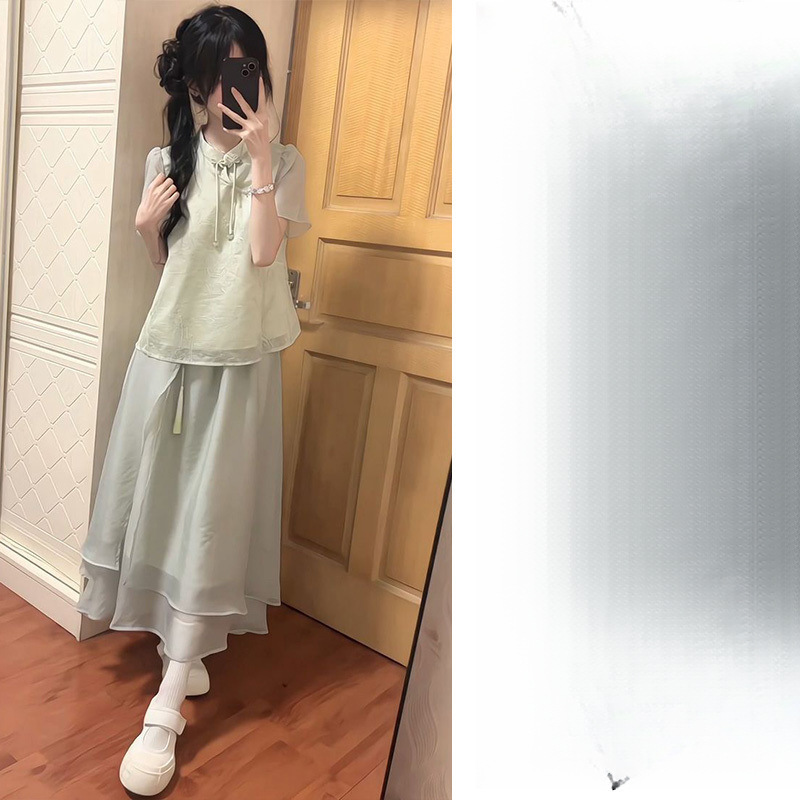 Летняя вышивка National Feng, скрещенная китайская одежда, пряжка, блузка для отдыха, школьница, свежая юбка, женская одежда - [Бамбуковый синий костюм] Рубашка + бюстгальтер/S