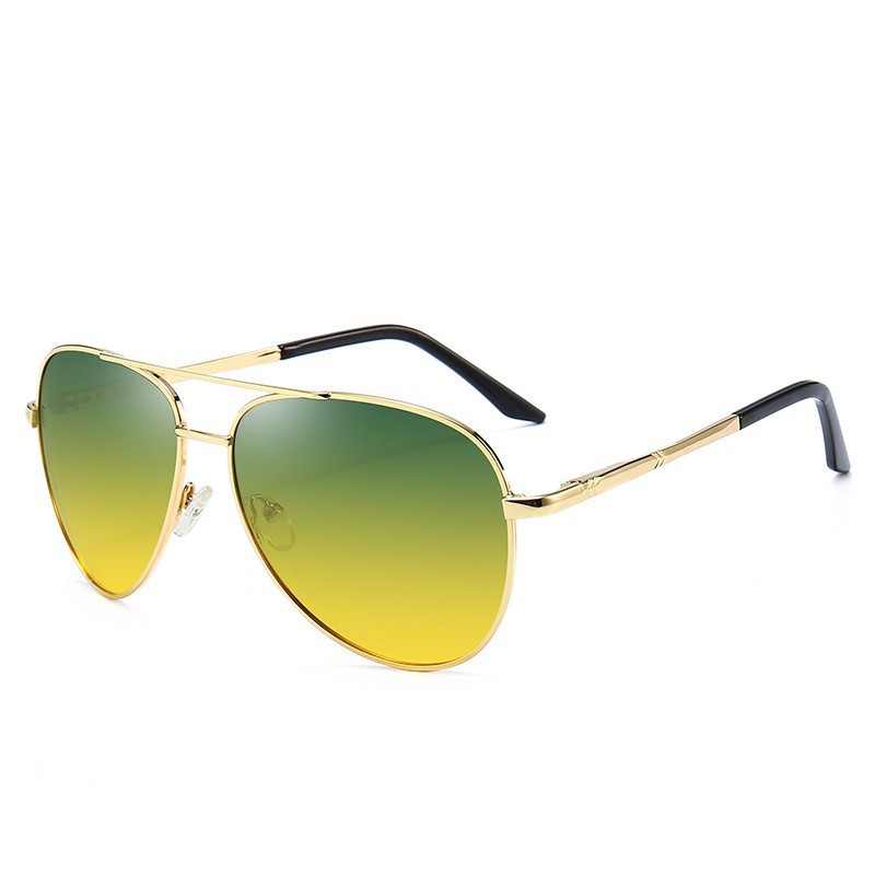 Polarized day and night dual-use color changing sunglasses, night vision goggles, driver's driving, fishing, trendy sports, outdoor men's driving - Golden frame day and night dual-use green and yellow film [high-definition polarized]