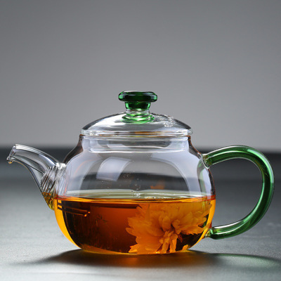 High borosilicate glass tea pot, small size, single person brewing tea pot with filter, simple tea pot, tea separation pot, tea set - Green handle pot