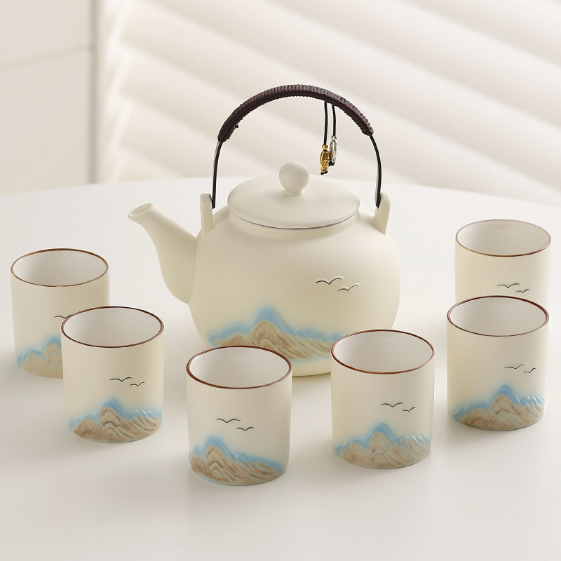 Cross border ceramic frosted glaze large capacity lifting beam teapot tea set, Japanese style simple relief distant mountain teapot cup set - Matte beige distant mountain lifting beam, 1 pot, 6 cups (without tray)/Simplified outfit
