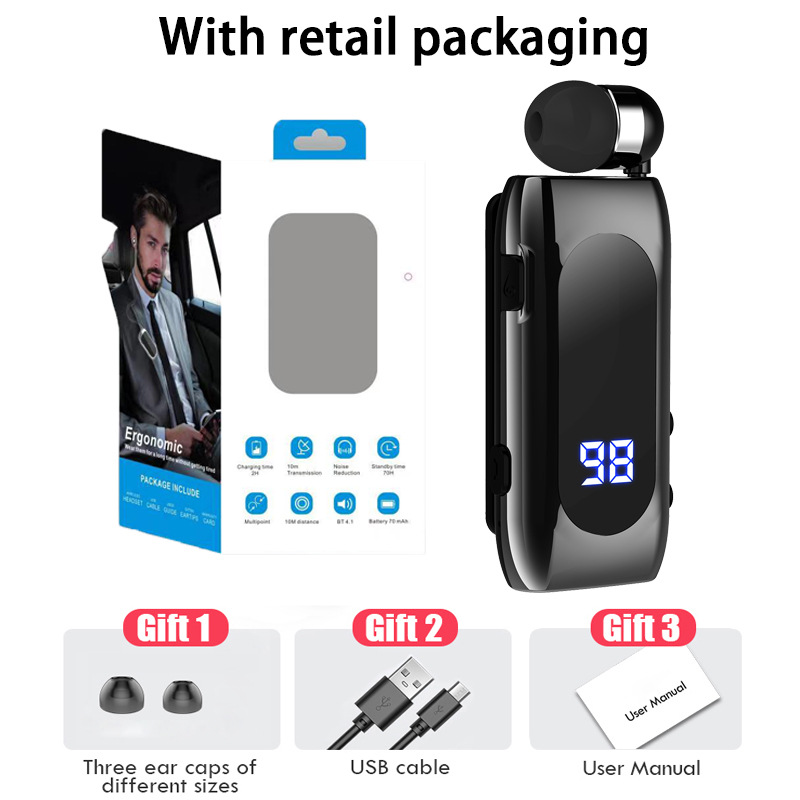 K55领夹式伸缩拉线蓝牙耳机免提数显拉线商务降噪通话报号长续航 - K55-黑