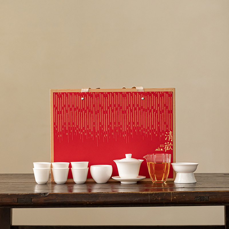 Yangzhi jade porcelain tea set, ceramic lid bowl, tea cup, household tea cup, complete set of Kung Fu tea set, gift box, wholesale - 11 Head Tea Set - Plain White