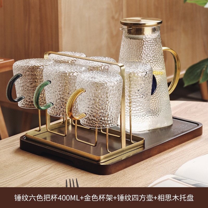 Гостиная Набор стаканов Домашний термостойкий стеклянный стакан с ручкой Чайник Домашний стакан - Молоток 400ML + Золотая чашка + Молоток четырехугольник + Акация деревянный лоток/300ml-400ml