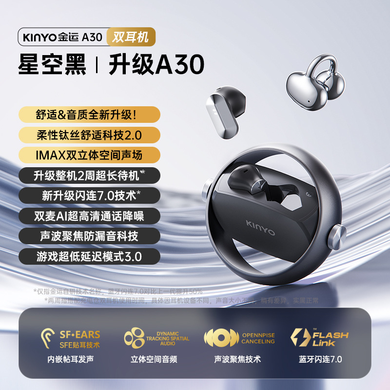 金运A30蓝牙双耳机ai翻译2025新款耳夹入耳运动无线开放二合一 - A30新升级【双耳机-星空黑】