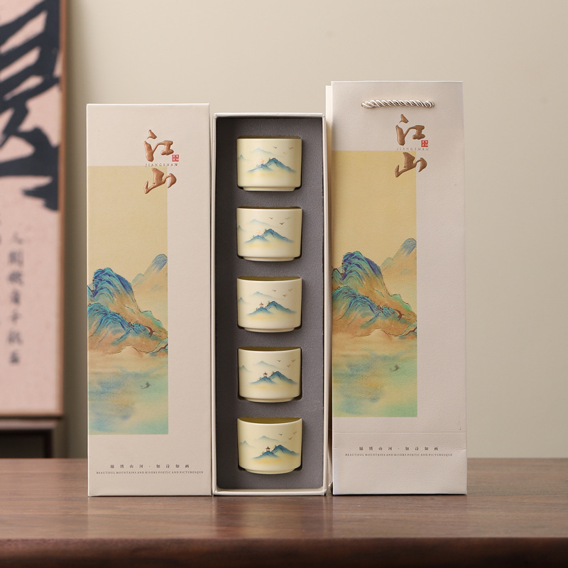 Тысячи миль чашки, чайные наборы, подарочные коробки, подарки на день рождения учителя, подарки на праздник середины осени, подарки деловым партнерам - Сливки желтые пять футов Linmen Jiangshan чашка + подарочная коробка