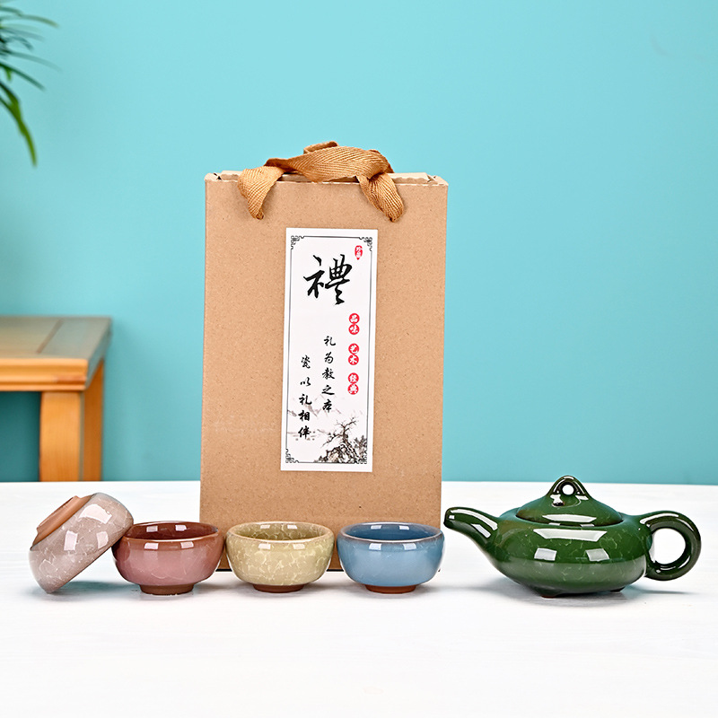 Kung Fu Creative Gift Ice Crack Ceramic Teapot Tea Set Special Offer One Pot Four Cups Travel Set Manufacturer Color - Style 1