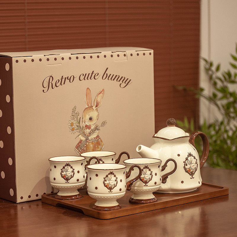 Vintage Maillard Ceramic Water Utensils, Tea Teacup Set, Ancient Style Water Cup Gift Box, Home Hospitality Cup Set - MN Retro Rabbit Water Set A (1 Pot, 4 Cups, 1 Tray)/No specifications