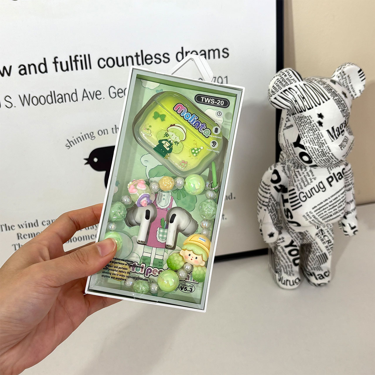 【三件套官方正品蓝牙耳机】卡通可爱无线蓝牙耳机高颜值立体降噪 - 绿色卡通三件套