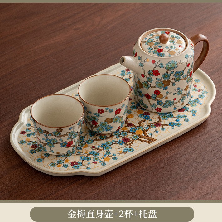 Ji Huan Ru Kiln Golden Plum Teapot Kung Fu Tea Set Chinese High end Household Ceramic Teapot Teacup Tray - Jinmei straight pot+2 cups+Ru kiln tray