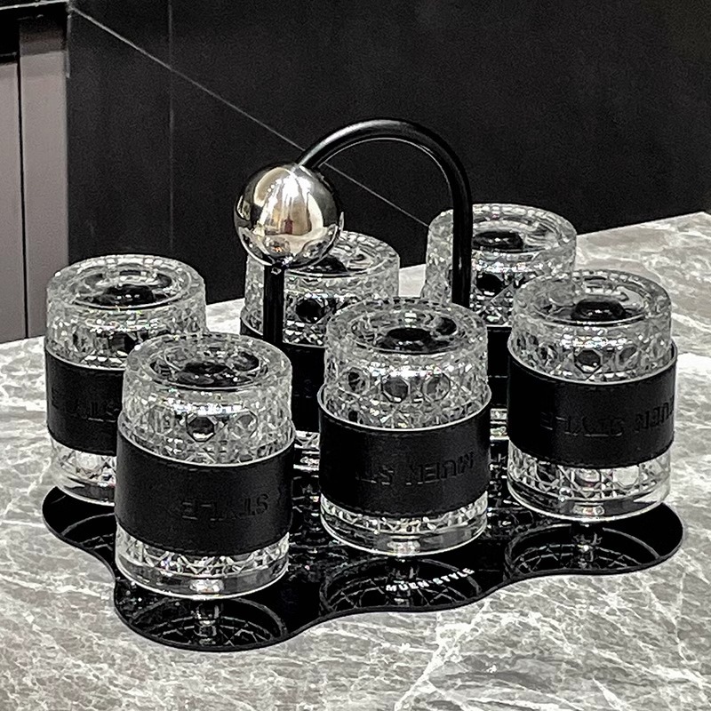 Household water cup set, glass cup, drinking cup, filtered water cup, high aesthetic tea cup set, creative tray cup holder - Planet Glass Water Cup with Leather - Black Silver 6-Cup Set/260ML