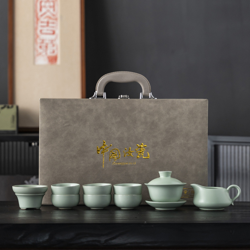 Ru kiln tea set, home office tea pot, 4S store gift, company annual meeting, business gift, souvenir logo - Ru kiln lid bowl ten piece set