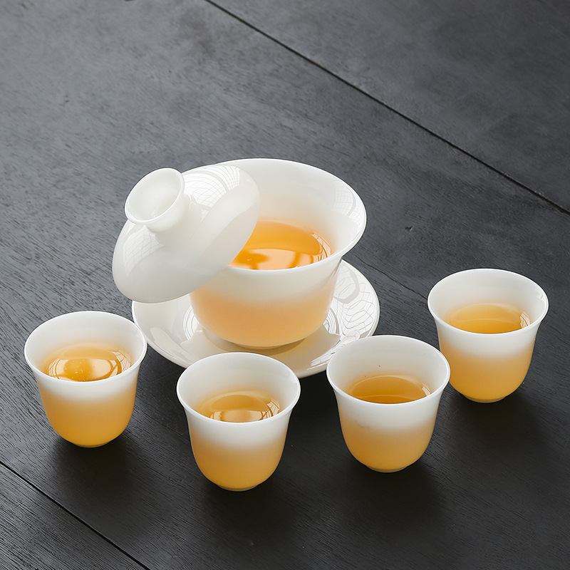 Высококачественный лед, натуральный нефрит, фарфоровый чайный сервиз, домашняя компания, высококачественная торговая крышка, чайный сервиз, подарочный набор - Простой язык Pu Yu нефритовый фарфор - 1 крышка чаши 4 чашки (безопасная упаковка)