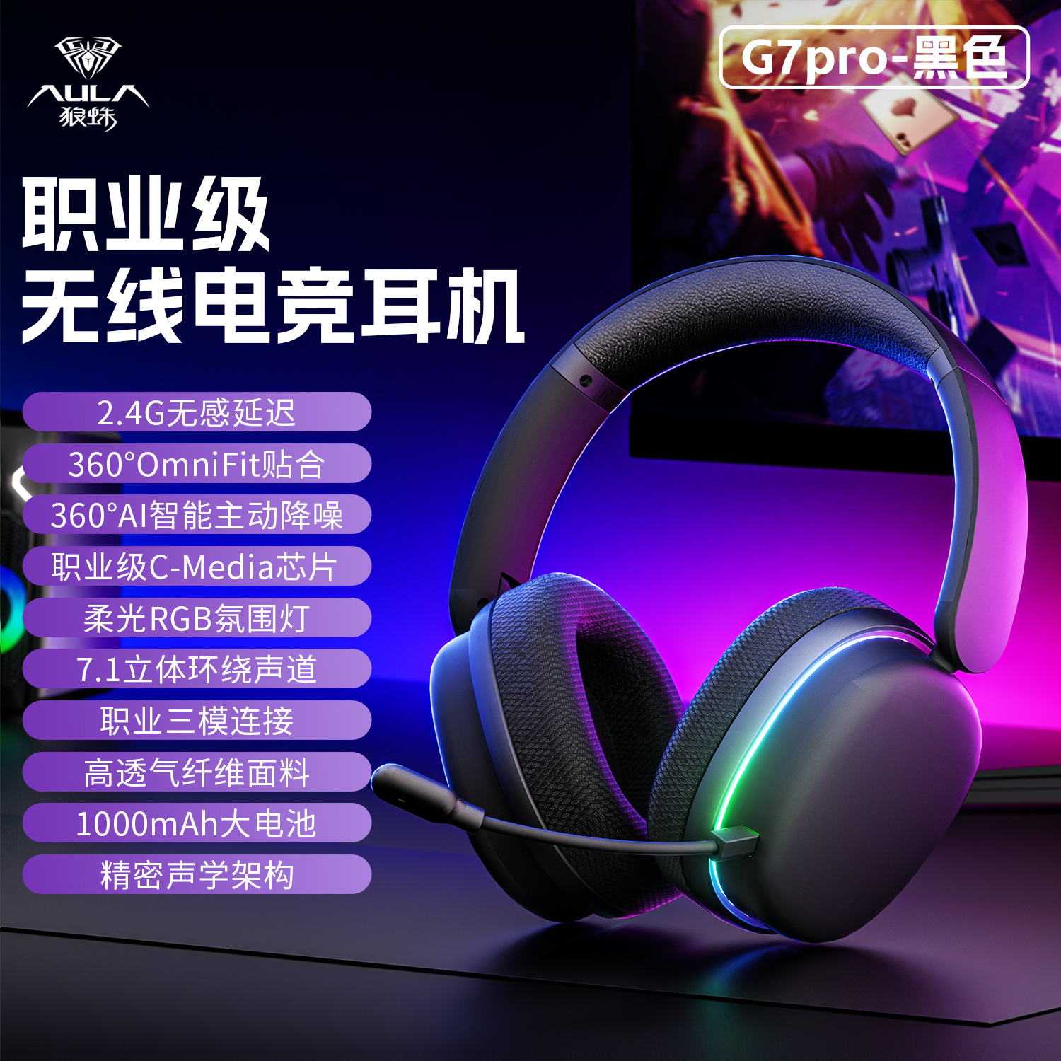 Волкодав G7Pro Носимые игры Наушники Трехмодовые шумопоглощающие Bluetooth Высокий звук с низкой задержкой пересечения границы - чёрный