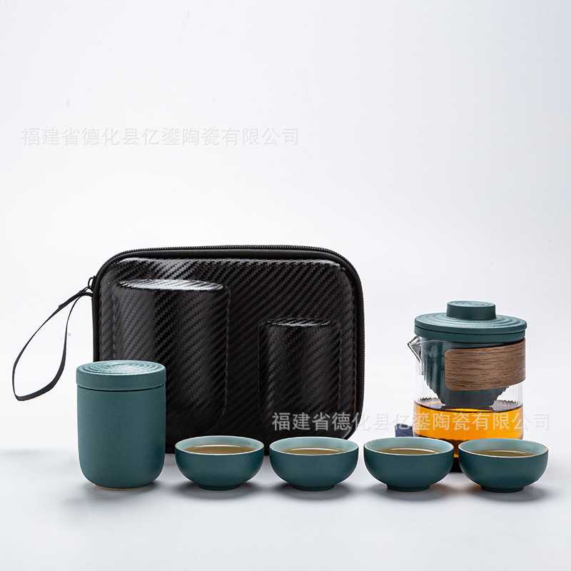 陶瓷快客杯一壶四杯茶叶罐户外玻璃便携旅行茶具套装商务礼品定制 - 墨绿釉玻璃一壶四杯+茶叶罐