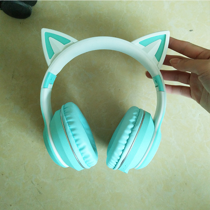 新款ST89M马卡龙猫耳朵渐变色发光头戴式无线蓝牙手机跨境耳机 - 绿色