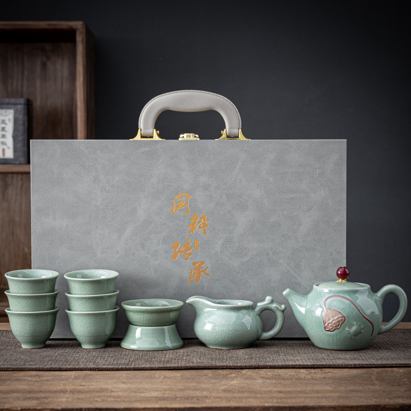 Relief Ge Kiln Opening Kung Fu Tea Set for Home Use, High Grade Ice Crack Glaze Set, Ceramic Office Practical Gift Giving - 10 Ge kiln heads/Tianqing