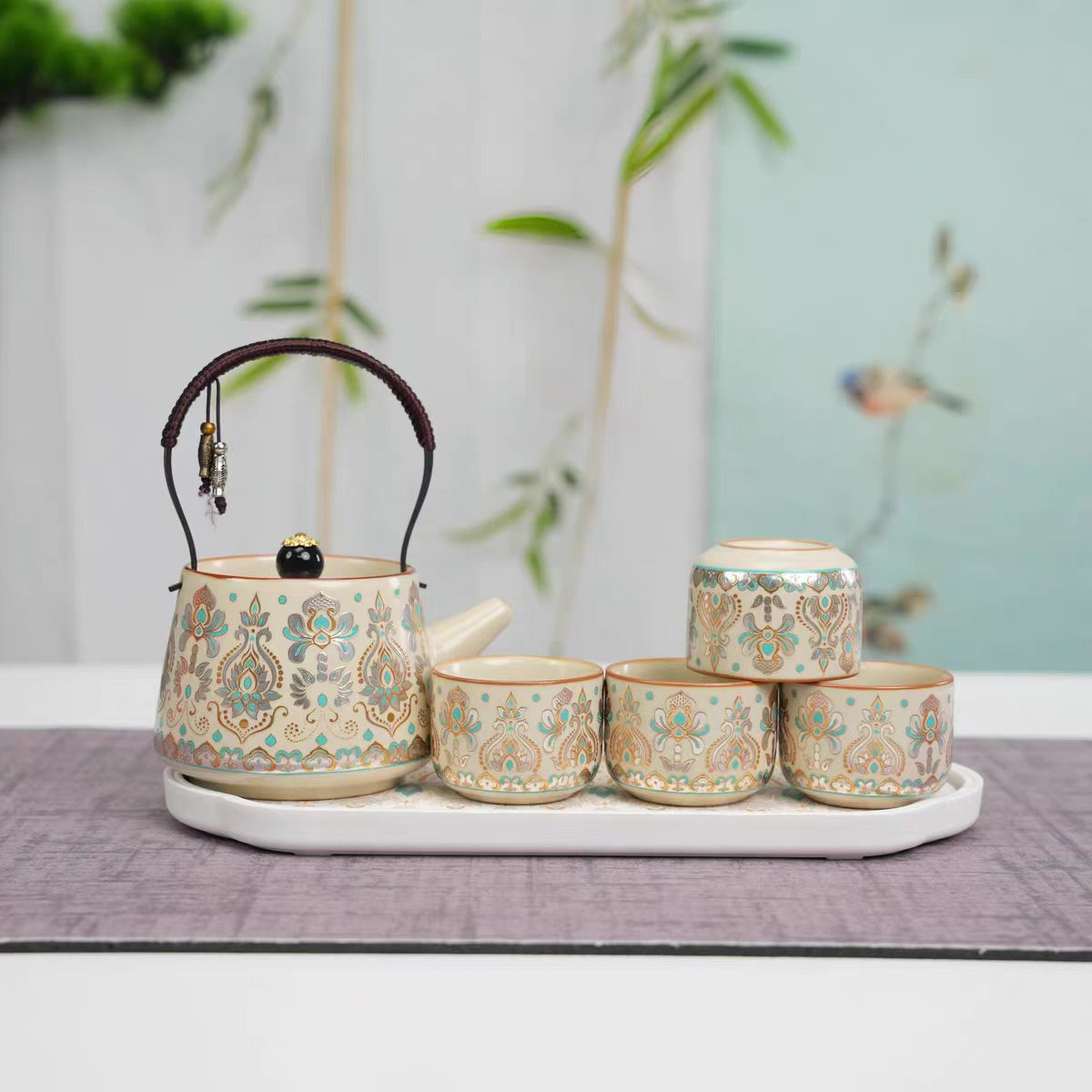 Rujiao Wenchuang Dunhuang шелковый шелк серебряный набор чайника чехол китайская ветряная чашка чайник домашняя чайная посуда кунг - фу - Дуньхуан