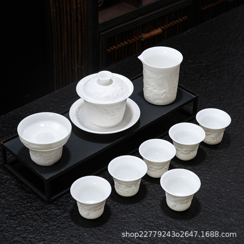 Овчина нефритовый фарфор чистая карта реки Кунг Фу чайный набор домашний рельеф крышка чашка чайная машина чашка офисный подарок - Очищенный жир и 10 чайных сервизов.