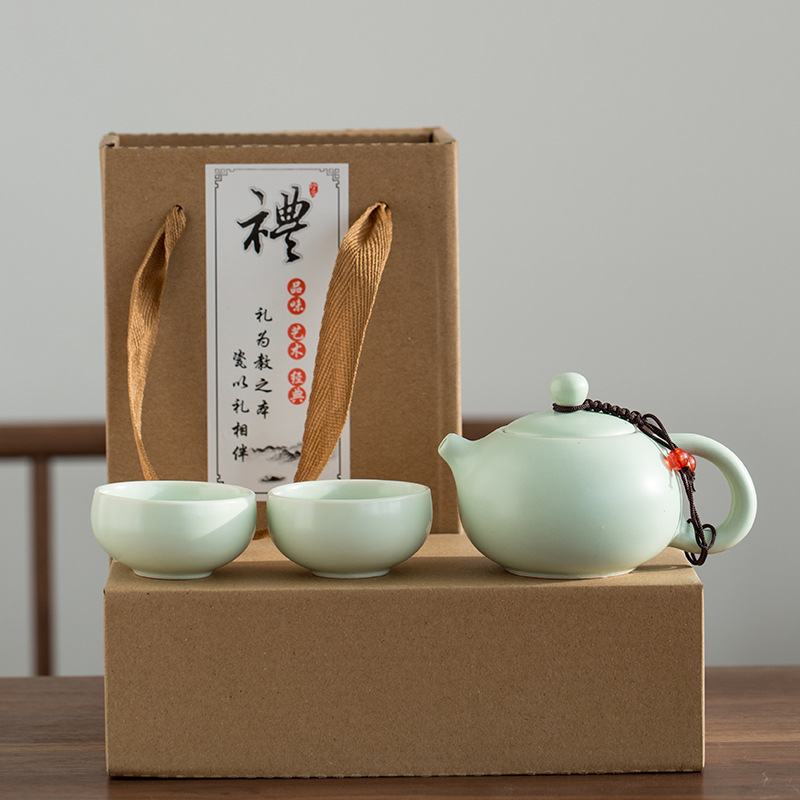 Ding Kiln Portable Bag Travel Kung Fu Tea Set Ceramic Xishi Pot One Pot Two Cups Four Cups Set Customized Creative Gift - Green Xishi Pot 1 Pot 2 Cups (tied with red beads)