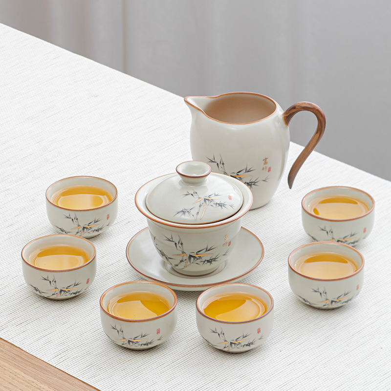 High end Ru kiln Kung Fu tea set, household ceramic opening, bamboo cover bowl, tea cup set, living room tea ceremony set - 8-head Ru kiln bamboo covered bowl set