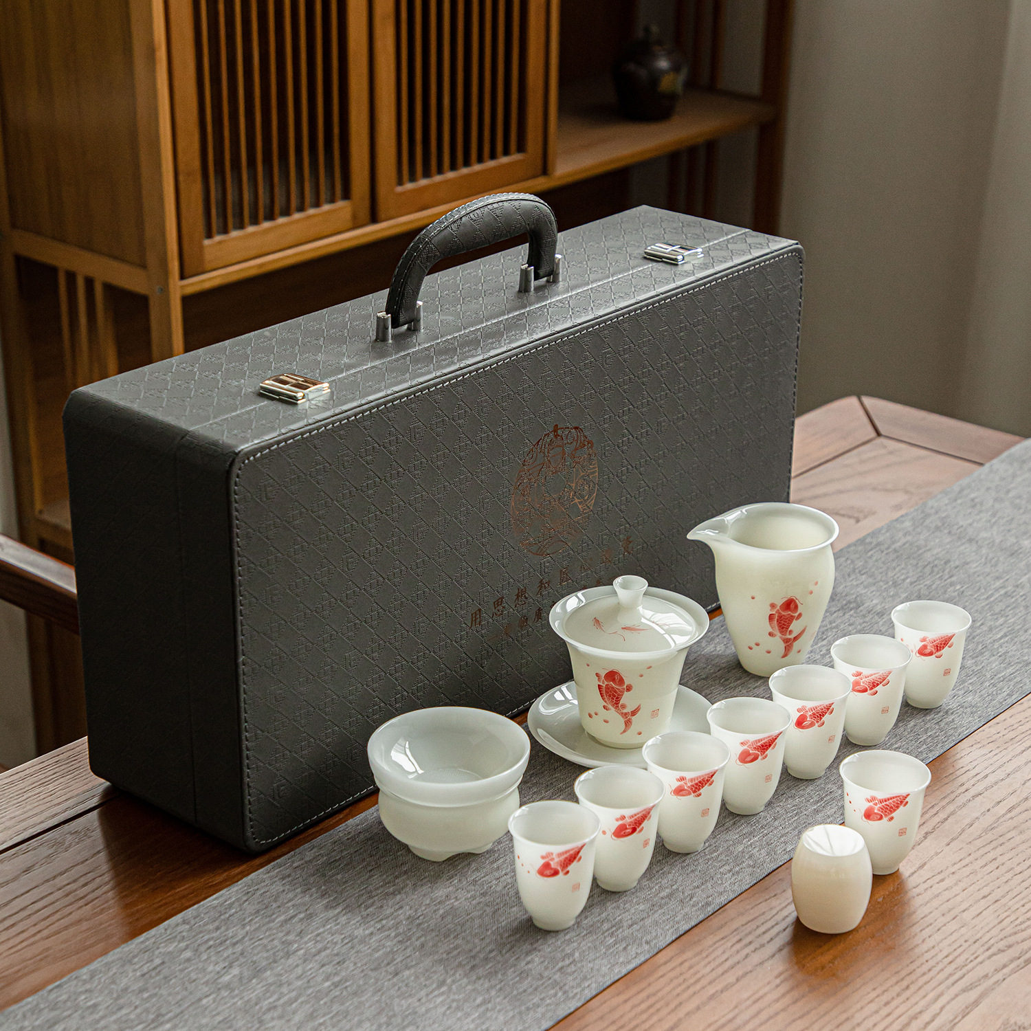 Hand drawn ceramic tea set for office and home use, tea set for business use, high-end tea set, and portable souvenirs - Jade porcelain hand drawn design/one