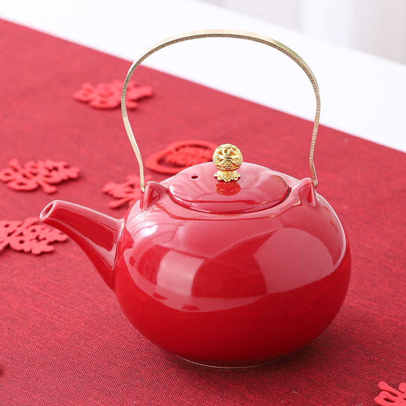 结婚茶壶红色陶瓷喜庆敬酒水杯套装婚宴婚礼陪嫁用品大号提梁壶 - 霁红纯色圆满壶500毫升