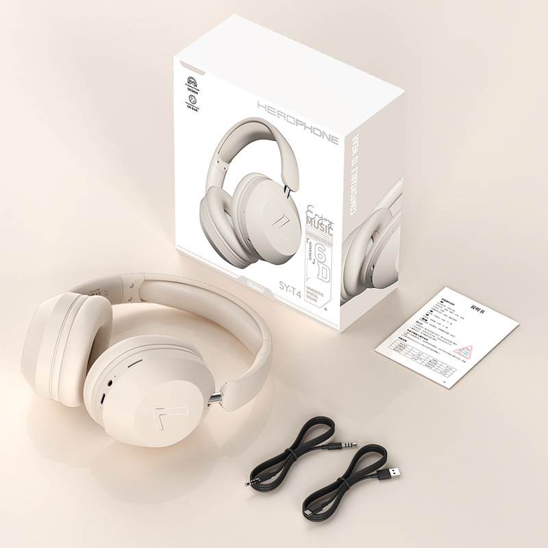 头戴式蓝牙耳机不漏音无线游戏耳麦新款运动手机耳机跨境厂家批发 - SY-T4米白色