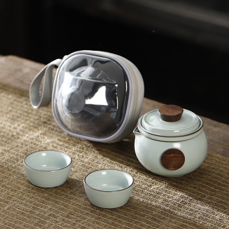 哥窑旅行茶具套装家用出差便携式户外快客杯陶瓷露营小套装泡茶器 - 汝窑旅行茶具一壶二杯