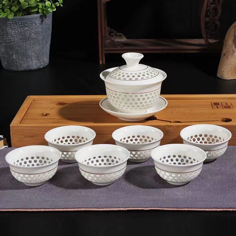 Чайный набор Домашняя гостиная Керамическая сотовая ажурная крышка чашка для заваривания чая Гостевой офис - Элегантный набор из семи предметов - золотой