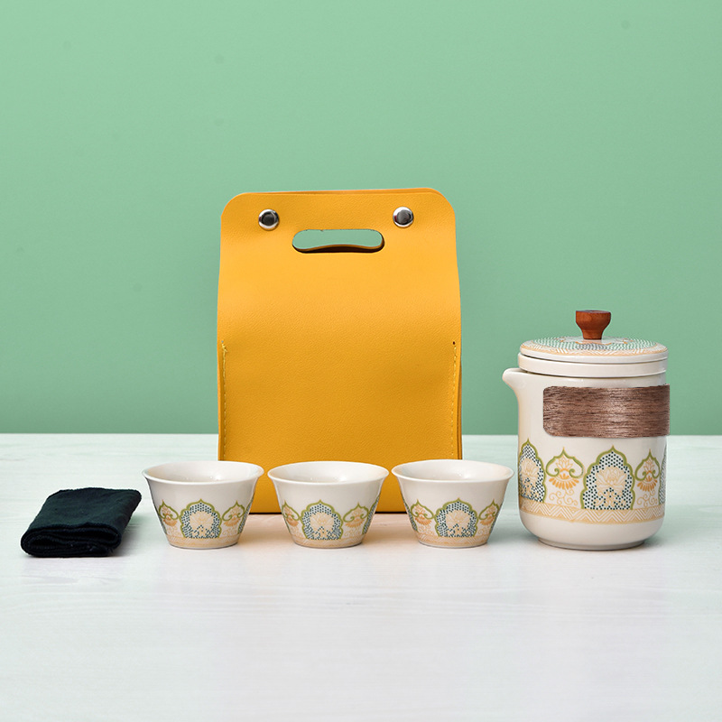 Travel tea set, outdoor portable Kuaike cup, one pot, four cups, business event gifts, free gifts, customized logo - Gilded white one pot, 3 cups, small yellow soft bag