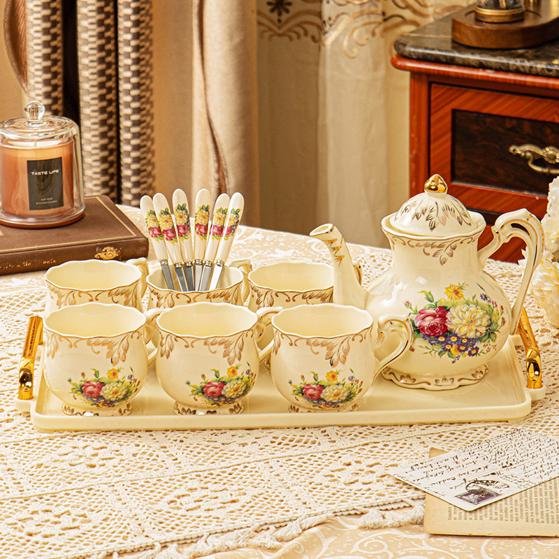 Европейский кофейный набор Английский послеобеденный чай сервиз цветочный чай чашка изысканный домашний керамический стакан свадебная вода - Цветочное море 1 чайник 6 чашек + ложка/300