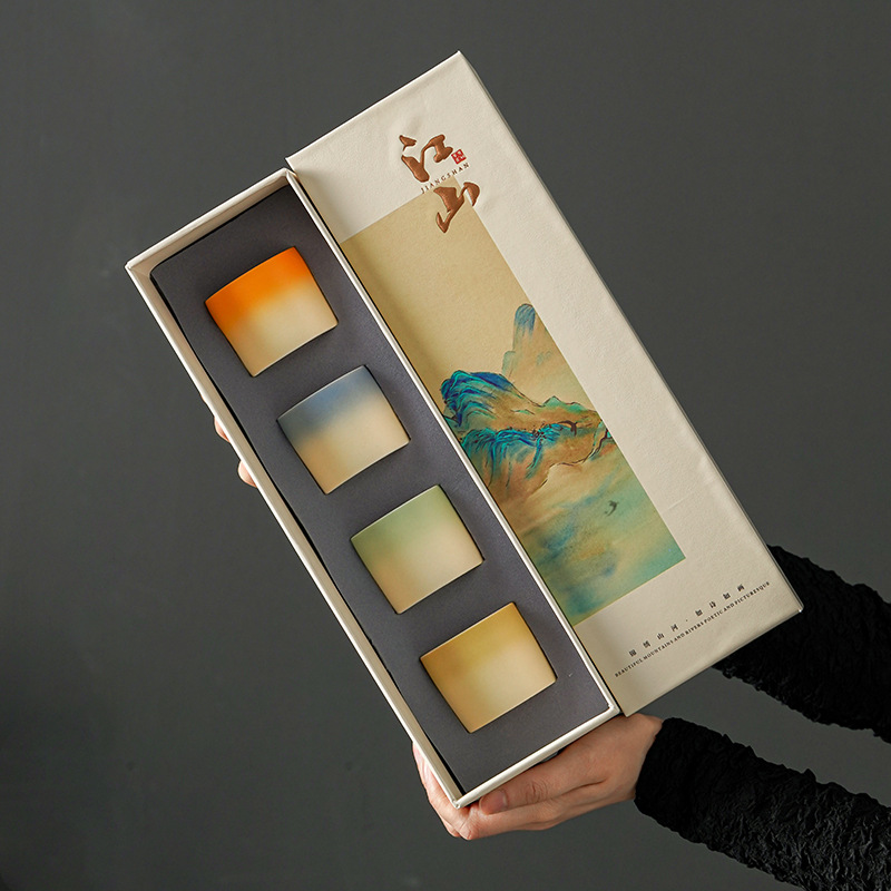 Вэньчжуан керамические чайные чашки набор печь четырехцветный чай чашка хозяин кубок коммерческая компания ежегодное собрание фестиваль с церемониальным заводом - Постепенно грубая керамическая коробка для чашки хозяина (4 чашки)/140ml