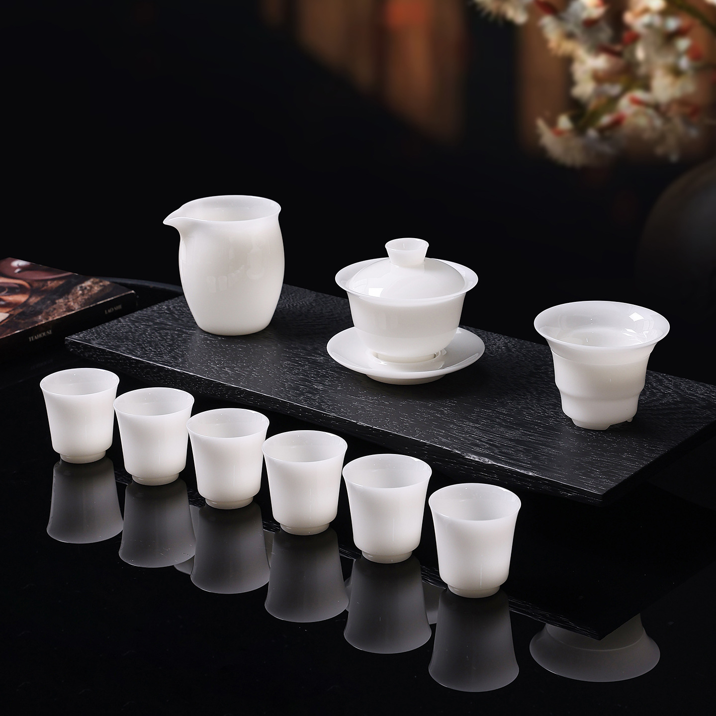 Ice seed jade ceramic tea set gift box set, complete set of high-end Kung Fu white porcelain office and home tea set gift wholesale - Small Round Cup Set (Simplified)/Pure jade porcelain