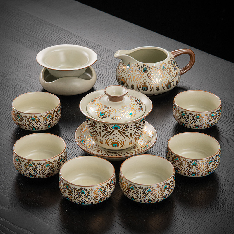 Dunhuang Ru печь чайный набор домашний офис легкий и роскошный керамический чайник крышка чашка сушеный стол чайная тарелка кунг - фу чайная посуда - Скачать 10 комплектов - Простой