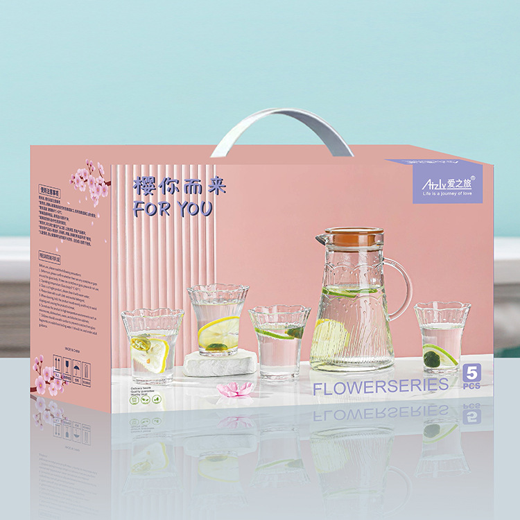 Nordic Cherry Blossoms Water Utensils for Home Use, Comes with a Water Bottle, Water Cup, Tea Cup Set, Living Room High Beauty Glass Tea Set - Five piece set of water equipment, 10 sets/box/1.3 liters