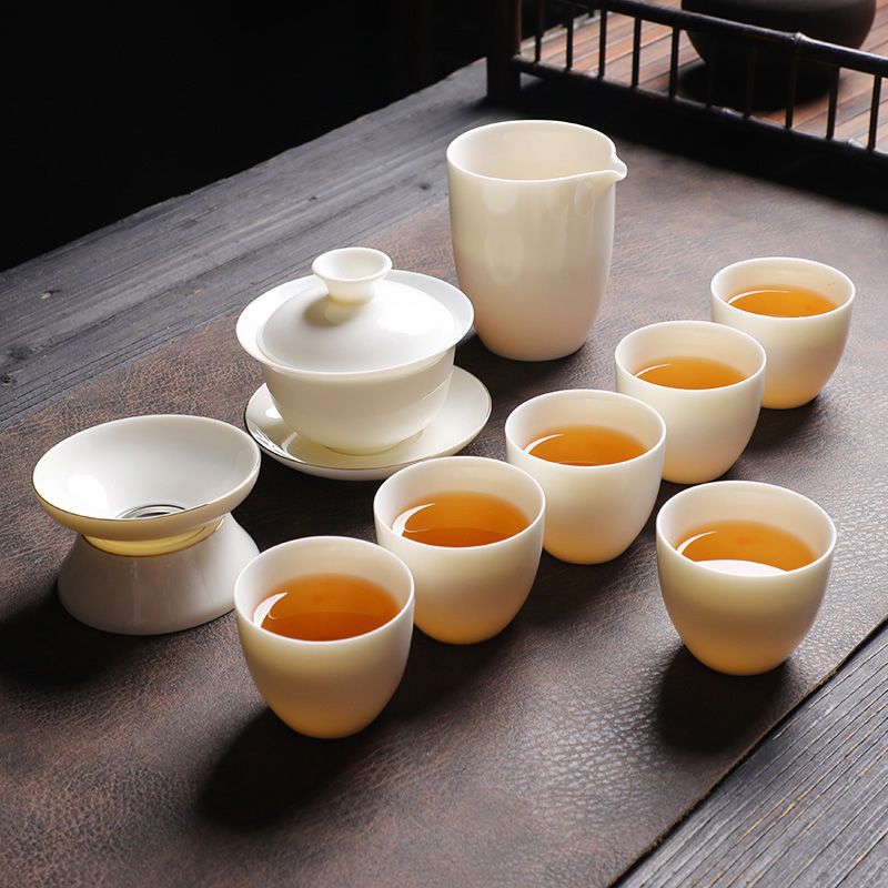 Высококачественный амниотин нефрит белый фарфор кунг - фу чайный сервиз домашний прием простой керамический тройной посуда подарок - Овчина нефрит чистый белый - безопасная упаковка