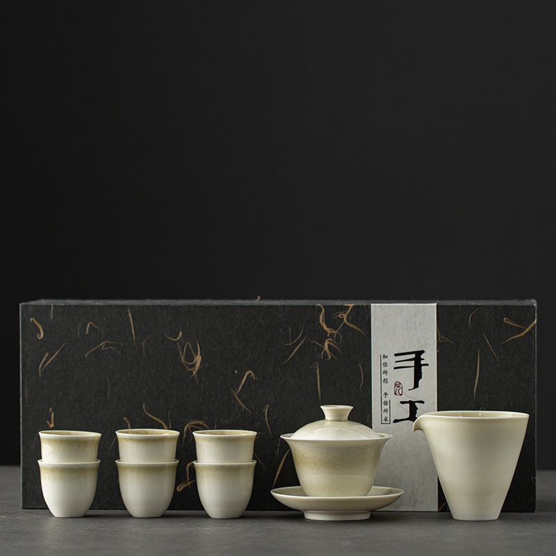 Jiujiangfeng Grass Ash Tea Set Japanese Retro Creative Ceramic Handmade Home Kung Fu Gift Handmade Ceramic - Blue Grey Bowl Set (6 cups)