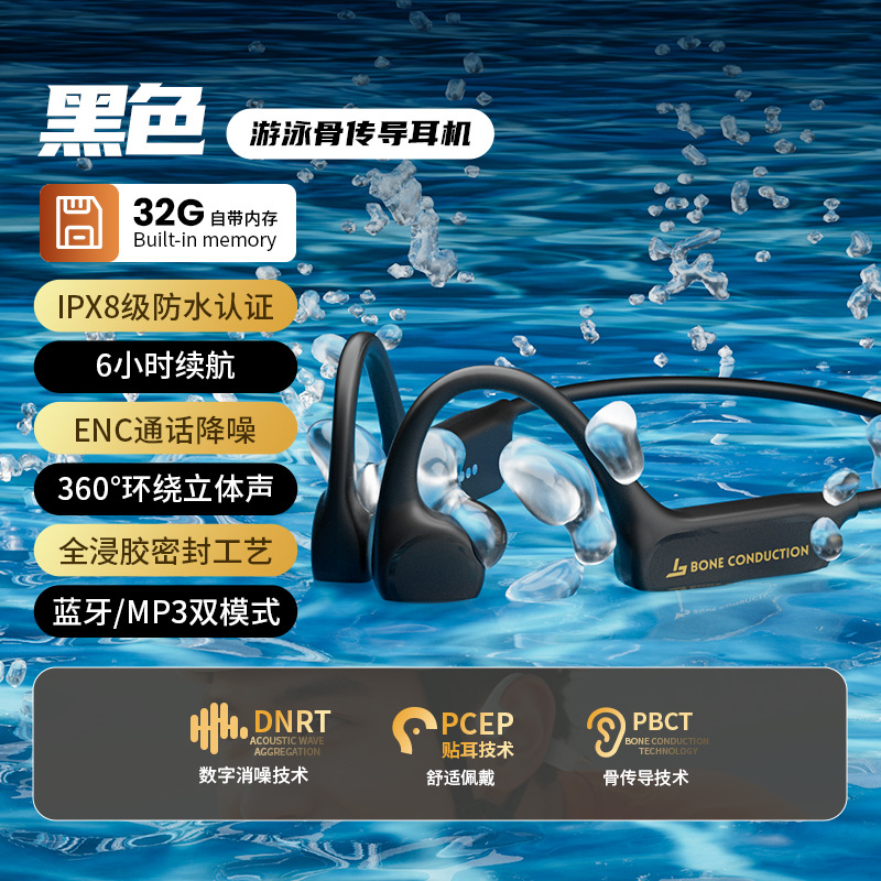 X7 Ultra Swimming Earphones with Underwater Dedicated Wireless Sports Hanging Ear Bone Conduction Bluetooth Earphones and 32GB Memory - X7Ultra Black/brand packaging